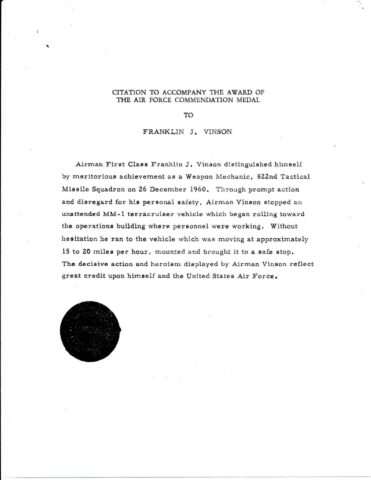Citation for AF Commendation Medal