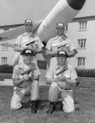 Sembach, A.B. Pistoleers. Top Left to Right: SSgt. Dale Mellinger - Field Maintenance; SSgt. Dave Hollandsworth - Base Range. Bottom Left to Right: MSgt. James Cazel - Base Comm.; SSgt. Gordon G. Peden-Air Police.