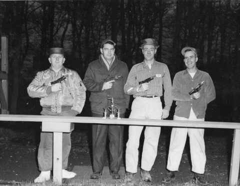Sembach AB, Pistol team. Photo taken at Wiesbaden 11 Dec.1960. Left to right: SSgt. Gordon G.Peden - Air Police, SSgt. Dale Mellinger - Field Maintenance. SSgt. Dave Hollandsworth - Base Range, MSgt. J. Cazel- Base Comm.