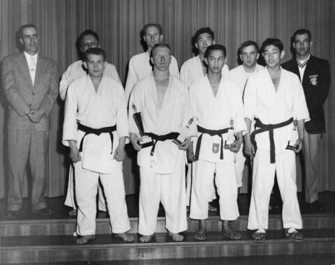 Sembach Air Base Judo team. MSgt James Cazel, suit and tie on left. Others unknown. Circa 1961